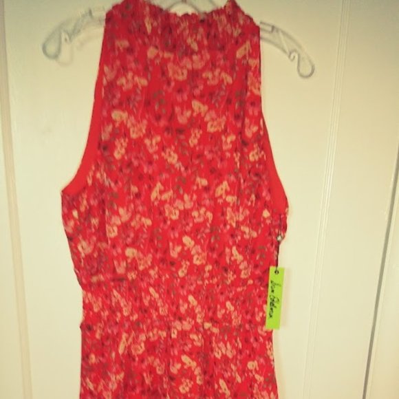 Sam Edelman Orange Coral Floral Sleeveless Smocked Handkerchief Hem dress Sz L - Picture 4 of 15